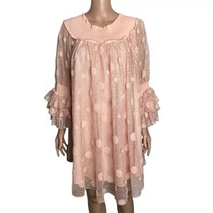 NWT Gracias Medium Polka Dot Pale Pink Flared Sleeve Mesh Off Shoulder